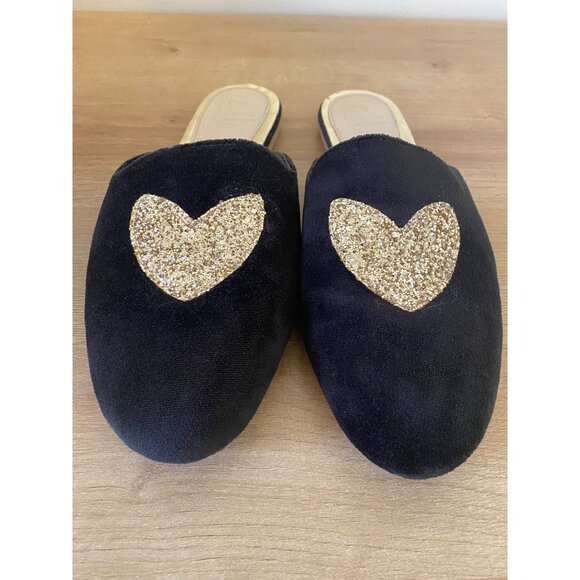 Black Slip-On Velvet Mules With Gold Glitter Heart - Size 41 By A Little Glamour - Picture 2 of 6